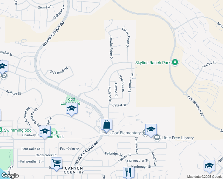 map of restaurants, bars, coffee shops, grocery stores, and more near 28160 Foxlane Drive in Santa Clarita