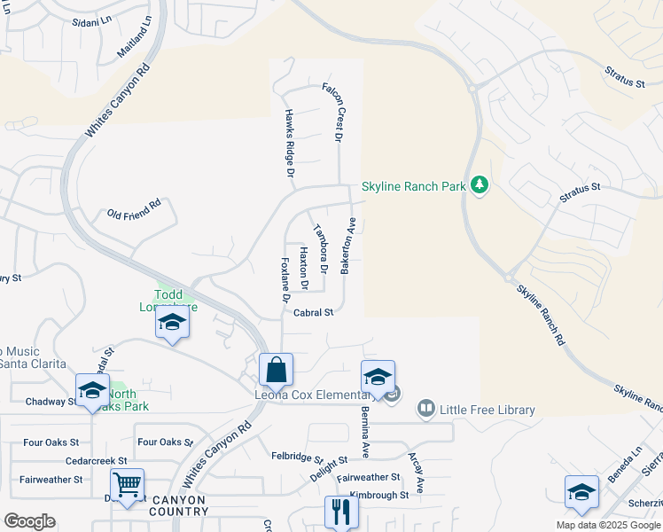 map of restaurants, bars, coffee shops, grocery stores, and more near 28140 Tambora Drive in Santa Clarita
