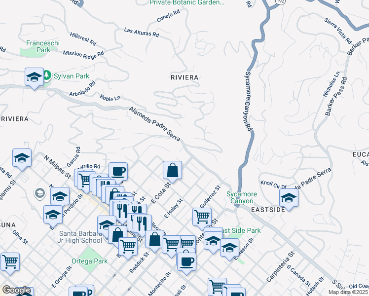 map of restaurants, bars, coffee shops, grocery stores, and more near in Santa Barbara