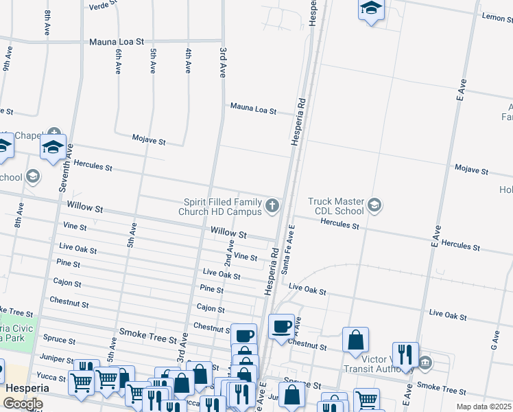 map of restaurants, bars, coffee shops, grocery stores, and more near 16562 Willow Street in Hesperia