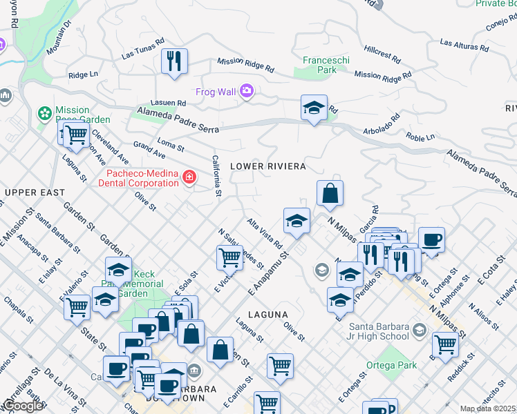 map of restaurants, bars, coffee shops, grocery stores, and more near 1326 Alta Vista Road in Santa Barbara