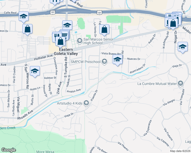 map of restaurants, bars, coffee shops, grocery stores, and more near 4655 La Loma Way in Santa Barbara