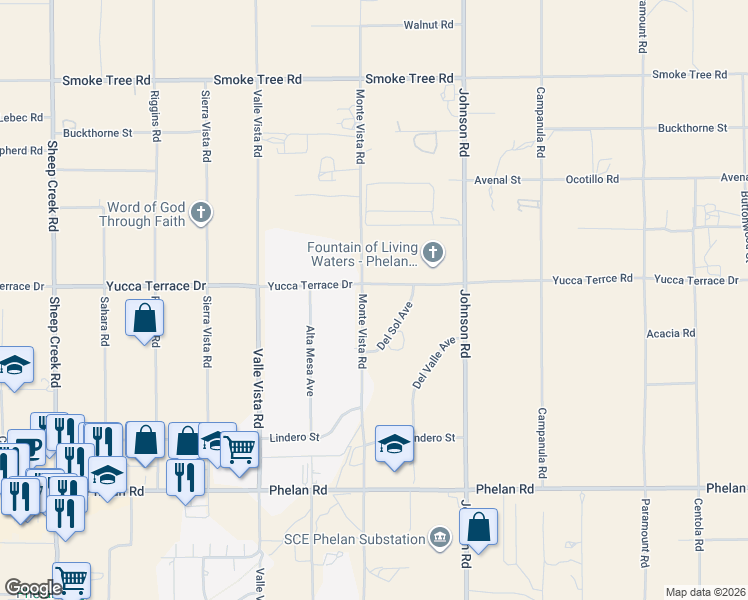 map of restaurants, bars, coffee shops, grocery stores, and more near 10030 Monte Vista Road in Phelan