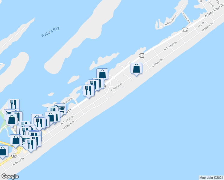 map of restaurants, bars, coffee shops, grocery stores, and more near North Topsail Drive in Surf City