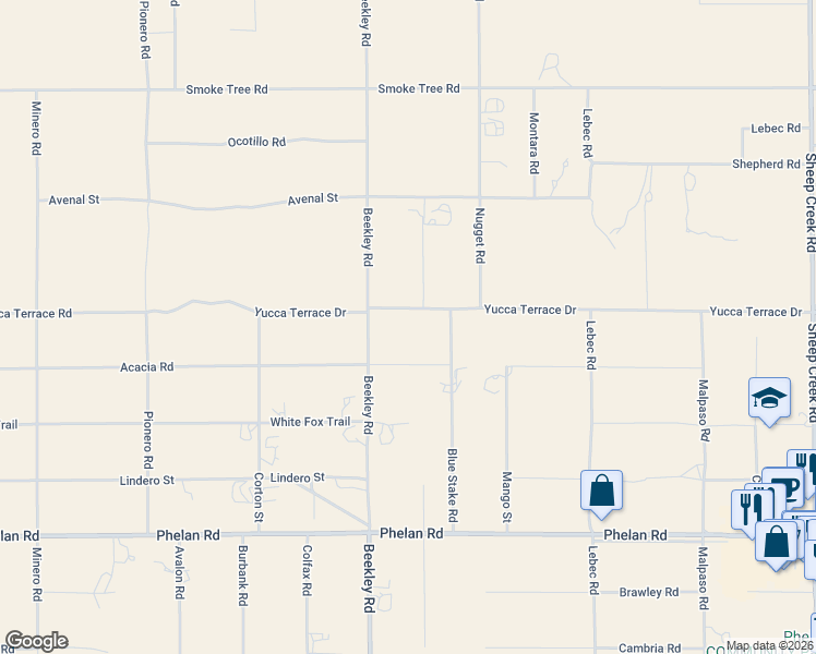 map of restaurants, bars, coffee shops, grocery stores, and more near 3392 Acacia Road in Phelan