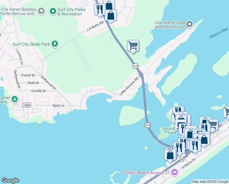 map of restaurants, bars, coffee shops, grocery stores, and more near in Surf City