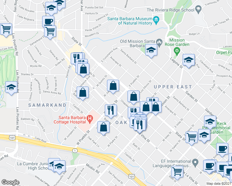 map of restaurants, bars, coffee shops, grocery stores, and more near 2318 Chapala Street in Santa Barbara