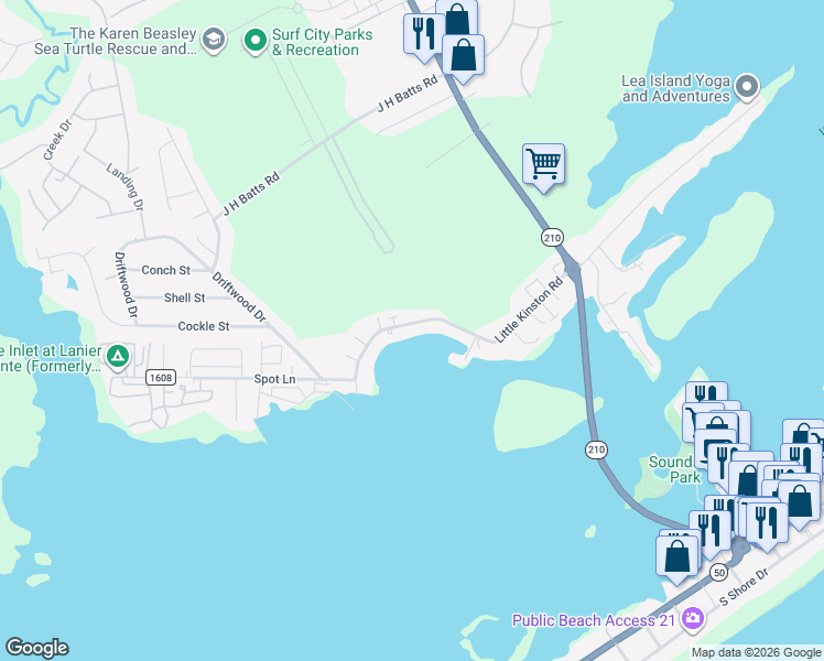map of restaurants, bars, coffee shops, grocery stores, and more near 434 Little Kinston Road in Surf City