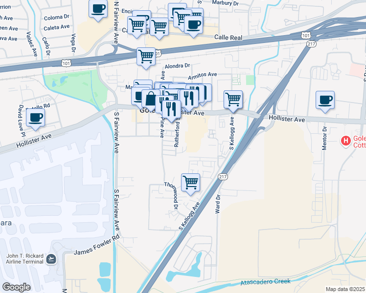 map of restaurants, bars, coffee shops, grocery stores, and more near 5705 Ekwill Street in Goleta