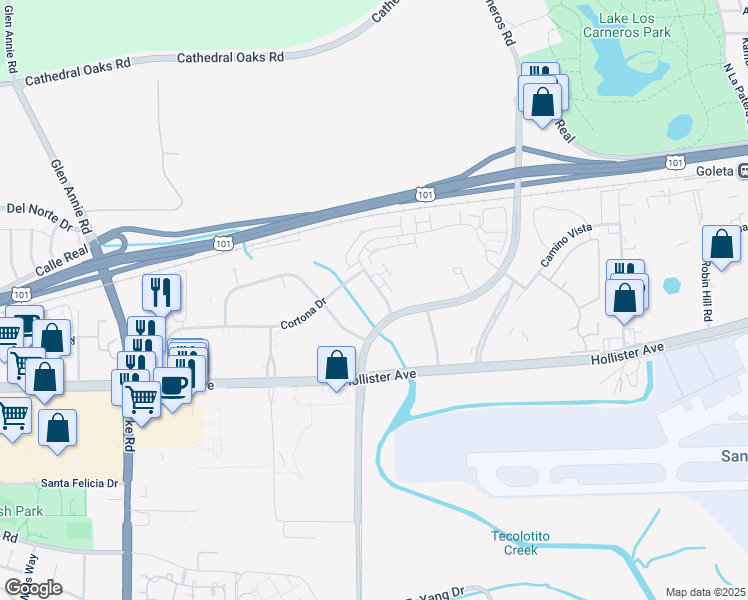 map of restaurants, bars, coffee shops, grocery stores, and more near 135 South Los Carneros Road in Goleta