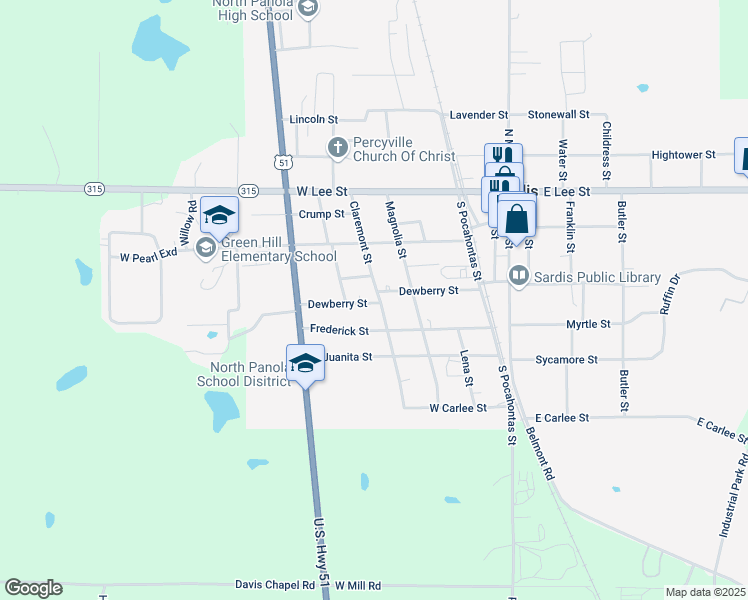 map of restaurants, bars, coffee shops, grocery stores, and more near 303 Claremont Street in Sardis