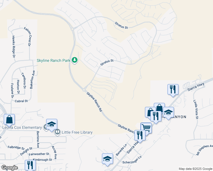 map of restaurants, bars, coffee shops, grocery stores, and more near 18134 Outlook Way in Santa Clarita