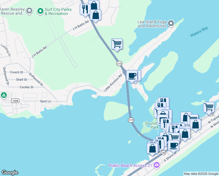 map of restaurants, bars, coffee shops, grocery stores, and more near 232 Little Kinston Road in Hampstead