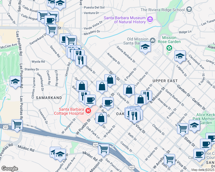 map of restaurants, bars, coffee shops, grocery stores, and more near 2320 De La Vina Street in Santa Barbara