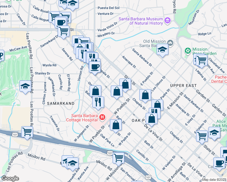 map of restaurants, bars, coffee shops, grocery stores, and more near 2415 De La Vina Street in Santa Barbara