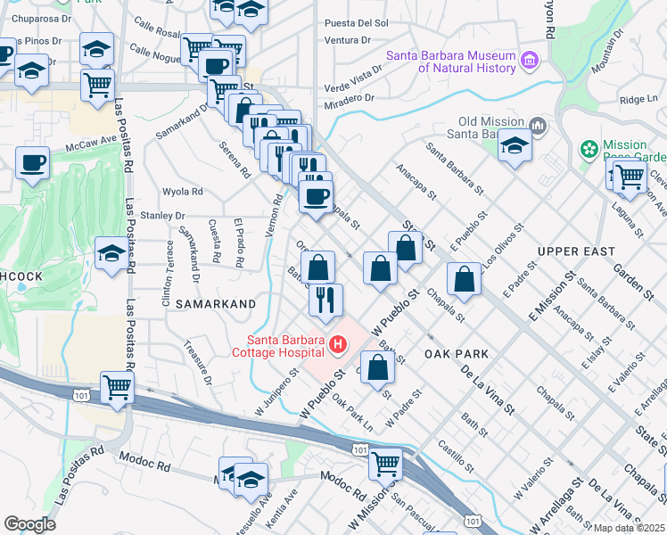 map of restaurants, bars, coffee shops, grocery stores, and more near 235 West Quinto Street in Santa Barbara