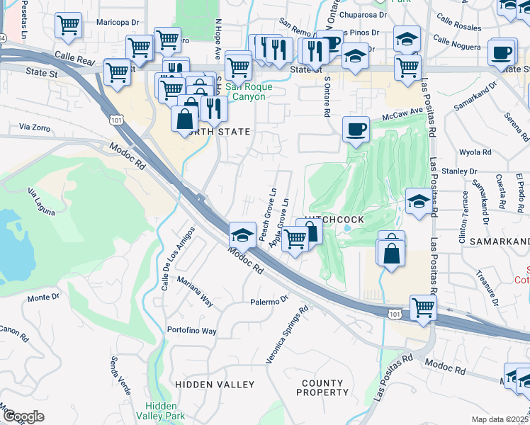 map of restaurants, bars, coffee shops, grocery stores, and more near 427 Peach Grove Lane in Santa Barbara
