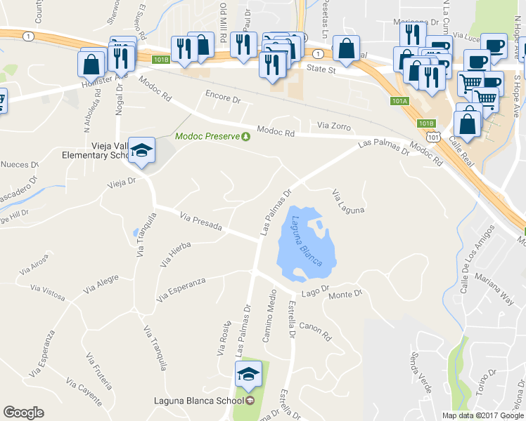 map of restaurants, bars, coffee shops, grocery stores, and more near 575 Las Palmas Drive in Santa Barbara