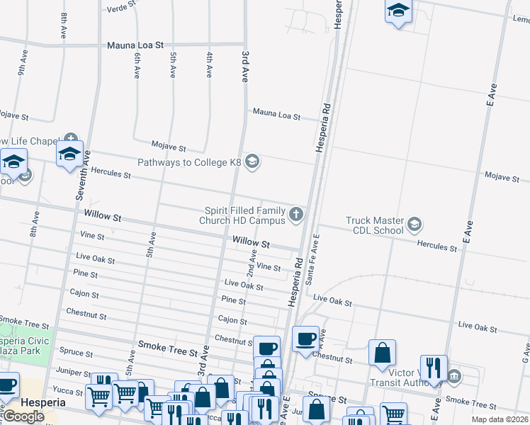map of restaurants, bars, coffee shops, grocery stores, and more near 16545 Hercules Street in Hesperia