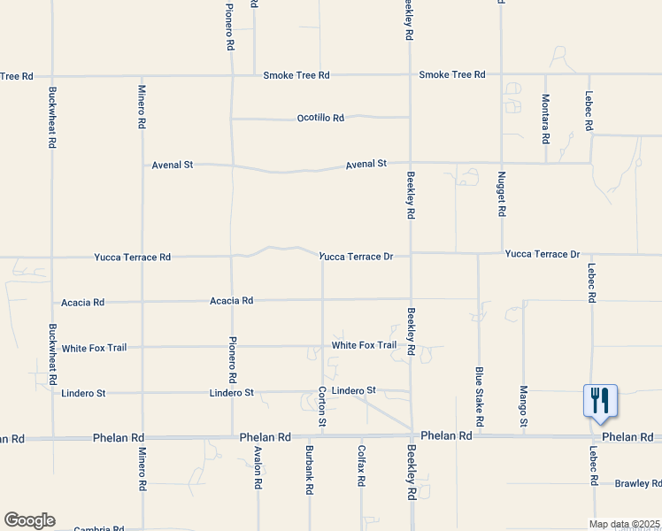 map of restaurants, bars, coffee shops, grocery stores, and more near Yucca Terrace Drive in Pinon Hills
