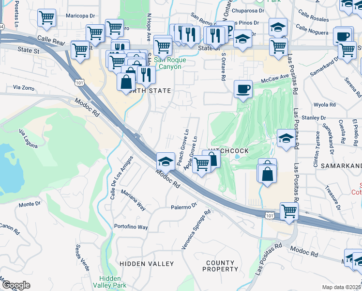 map of restaurants, bars, coffee shops, grocery stores, and more near 427 Peach Grove Lane in Santa Barbara