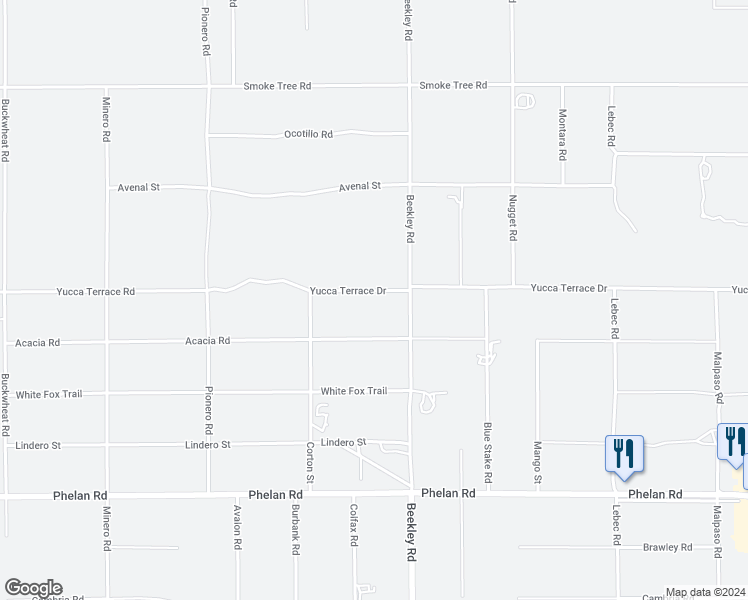 map of restaurants, bars, coffee shops, grocery stores, and more near 3233 Yucca Terrace Drive in Phelan