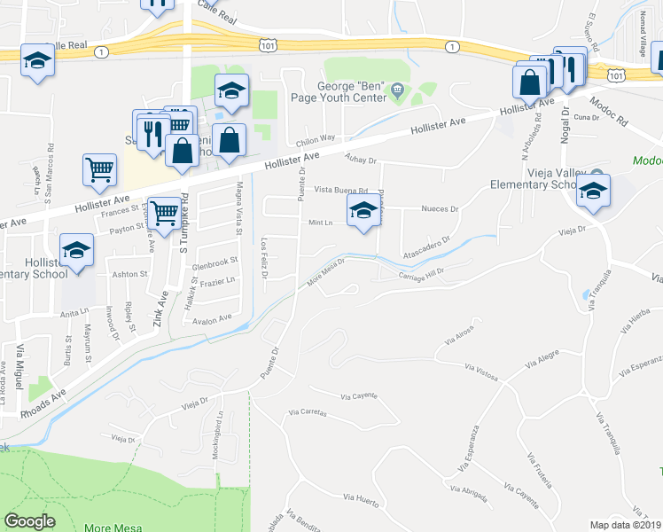 map of restaurants, bars, coffee shops, grocery stores, and more near More Mesa Drive in Santa Barbara