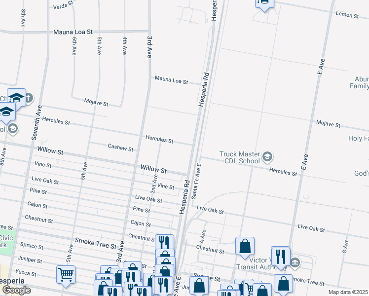 map of restaurants, bars, coffee shops, grocery stores, and more near in Hesperia