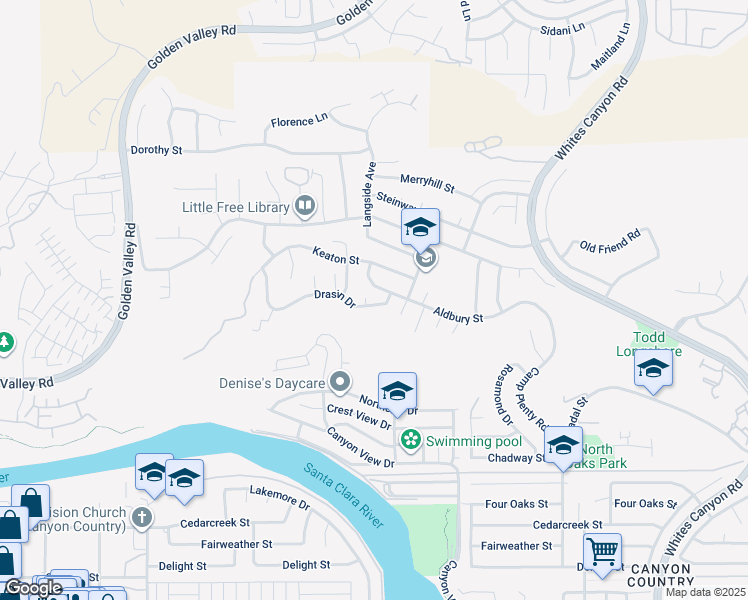 map of restaurants, bars, coffee shops, grocery stores, and more near 19853 Drasin Drive in Santa Clarita