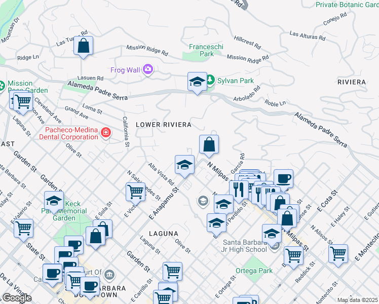 map of restaurants, bars, coffee shops, grocery stores, and more near 813 East Anapamu Street in Santa Barbara