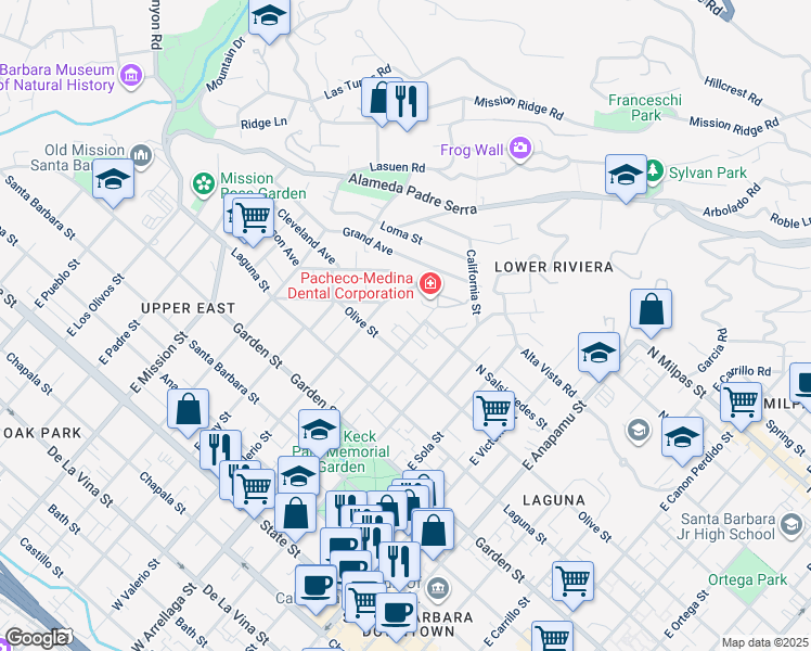 map of restaurants, bars, coffee shops, grocery stores, and more near 555 East Arrellaga Street in Santa Barbara