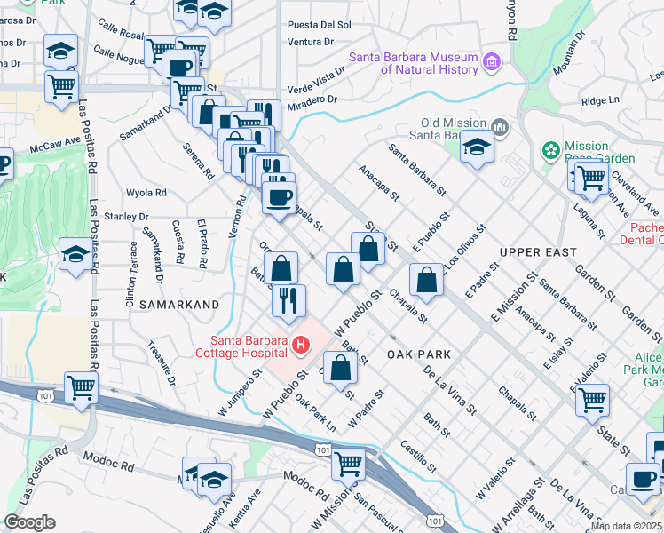 map of restaurants, bars, coffee shops, grocery stores, and more near in Santa Barbara