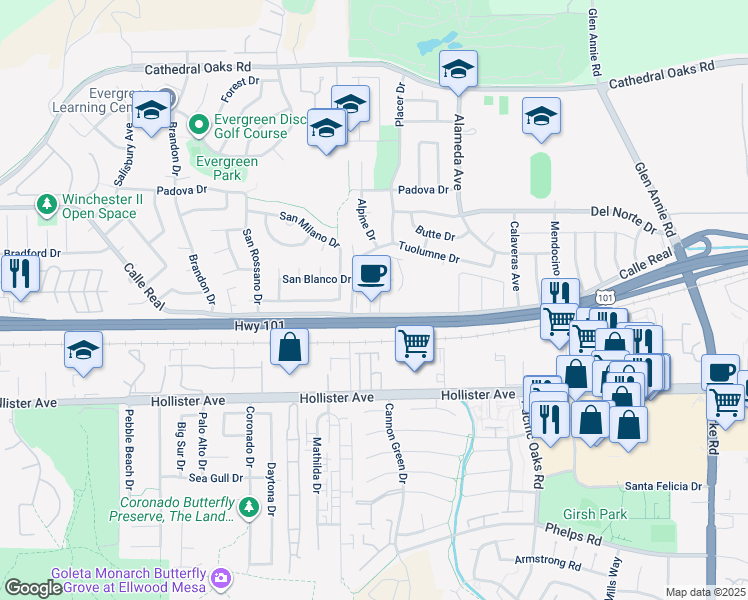 map of restaurants, bars, coffee shops, grocery stores, and more near 31 Ellwood Station Road in Goleta