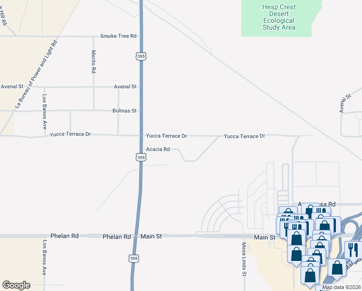map of restaurants, bars, coffee shops, grocery stores, and more near 12101-12299 Yucca Terrace Drive in Hesperia