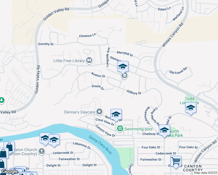 map of restaurants, bars, coffee shops, grocery stores, and more near 19853 Drasin Drive in Santa Clarita