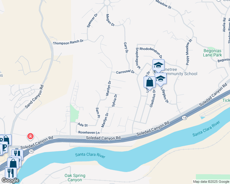 map of restaurants, bars, coffee shops, grocery stores, and more near 15625 Burt Court in Santa Clarita
