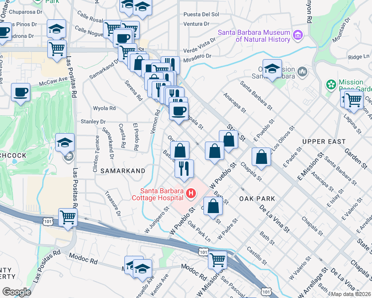map of restaurants, bars, coffee shops, grocery stores, and more near 2510 Orella Street in Santa Barbara