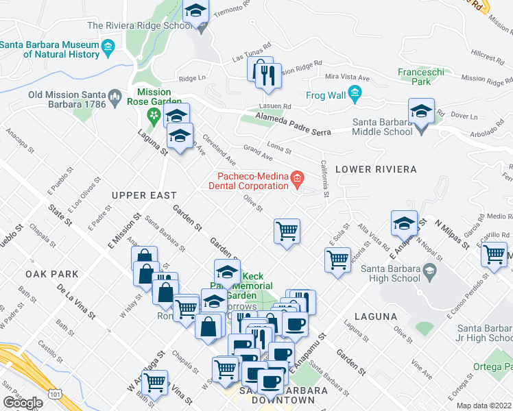 map of restaurants, bars, coffee shops, grocery stores, and more near Olive Street & East Valerio Street in Santa Barbara