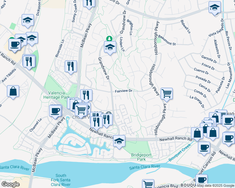 map of restaurants, bars, coffee shops, grocery stores, and more near 23729 Cameron Court in Santa Clarita