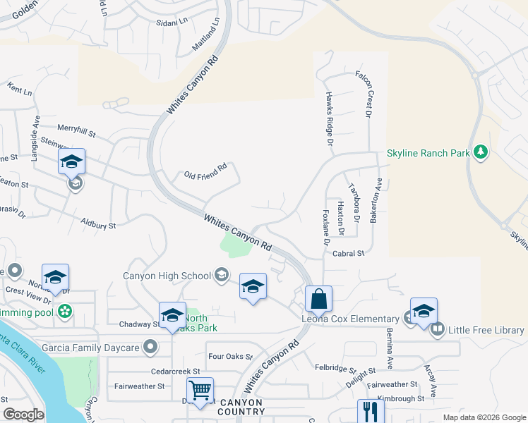 map of restaurants, bars, coffee shops, grocery stores, and more near 28106 Eagles Crest Court in Santa Clarita