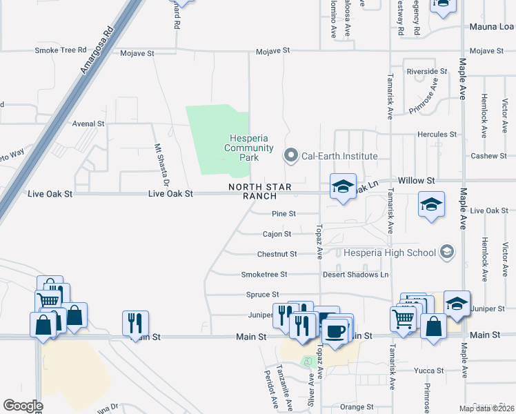 map of restaurants, bars, coffee shops, grocery stores, and more near 10065 Pyrite Avenue in Hesperia