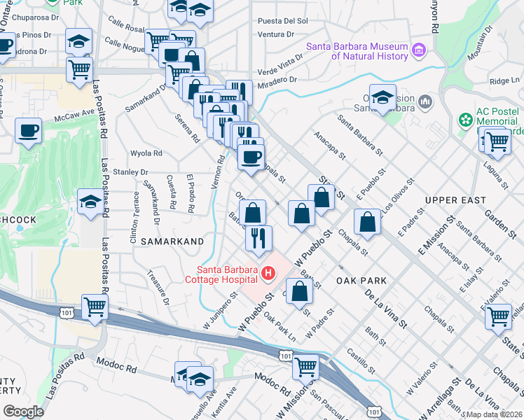 map of restaurants, bars, coffee shops, grocery stores, and more near 2510 Orella Street in Santa Barbara