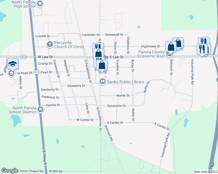 map of restaurants, bars, coffee shops, grocery stores, and more near 109 East McLaurin Street in Sardis