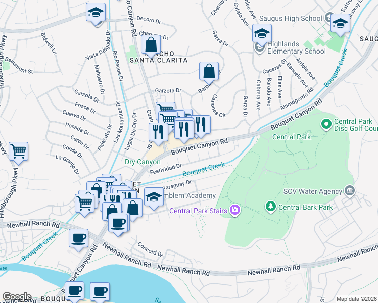 map of restaurants, bars, coffee shops, grocery stores, and more near 26724 Diaz Drive in Santa Clarita