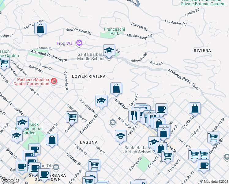 map of restaurants, bars, coffee shops, grocery stores, and more near 920 Lowena Drive in Santa Barbara