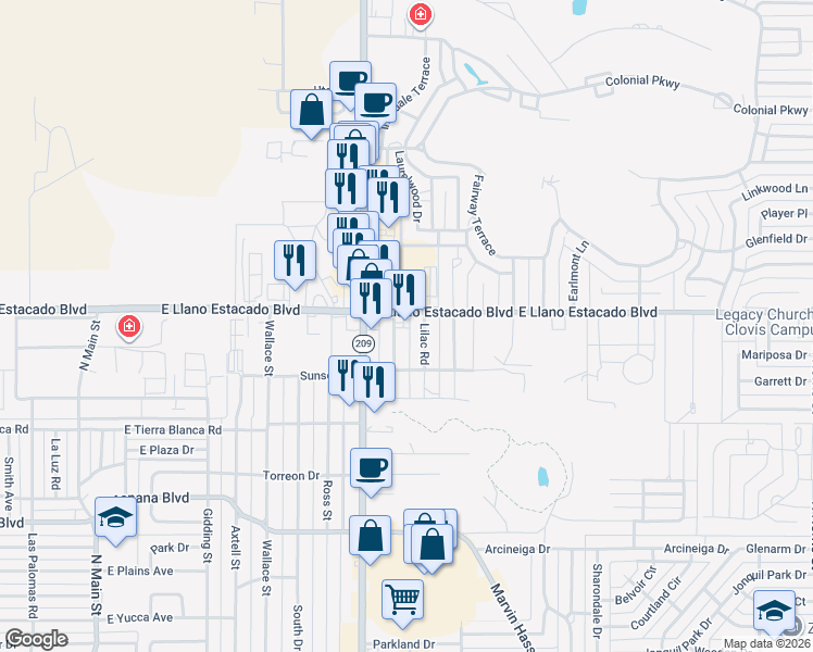map of restaurants, bars, coffee shops, grocery stores, and more near 1040 East Llano Estacado Boulevard in Clovis