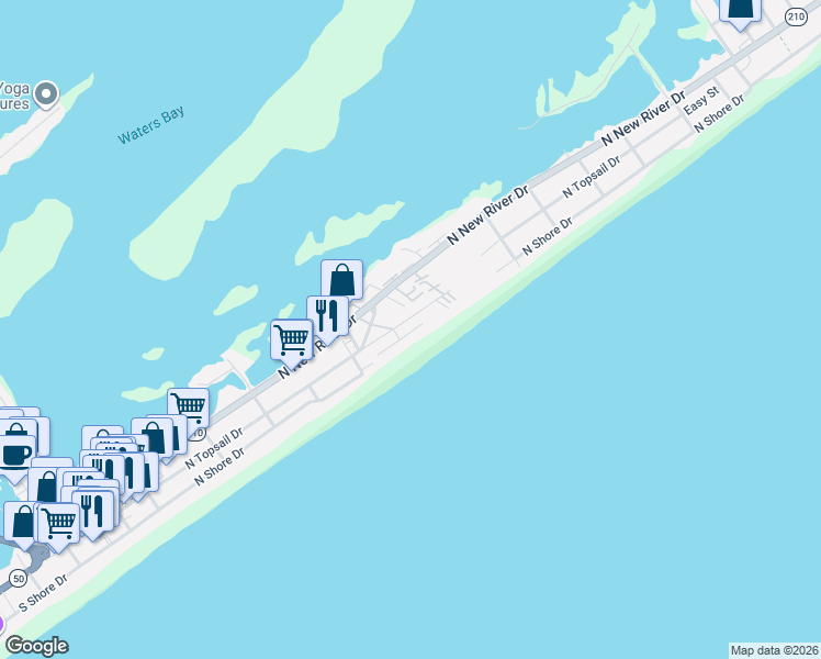 map of restaurants, bars, coffee shops, grocery stores, and more near 809A North Topsail Drive in Surf City