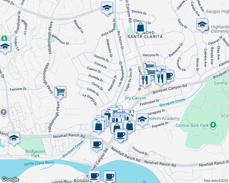 map of restaurants, bars, coffee shops, grocery stores, and more near 22905 Las Mananitas Drive in Santa Clarita