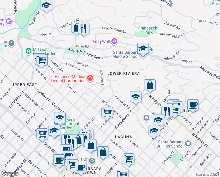 map of restaurants, bars, coffee shops, grocery stores, and more near 1515 Alta Vista Road in Santa Barbara