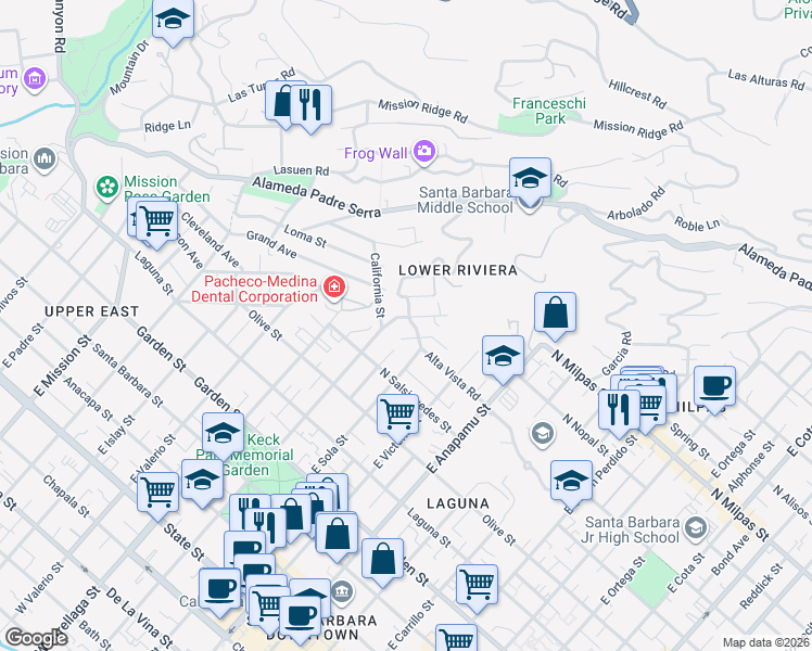 map of restaurants, bars, coffee shops, grocery stores, and more near 1515 Alta Vista Road in Santa Barbara